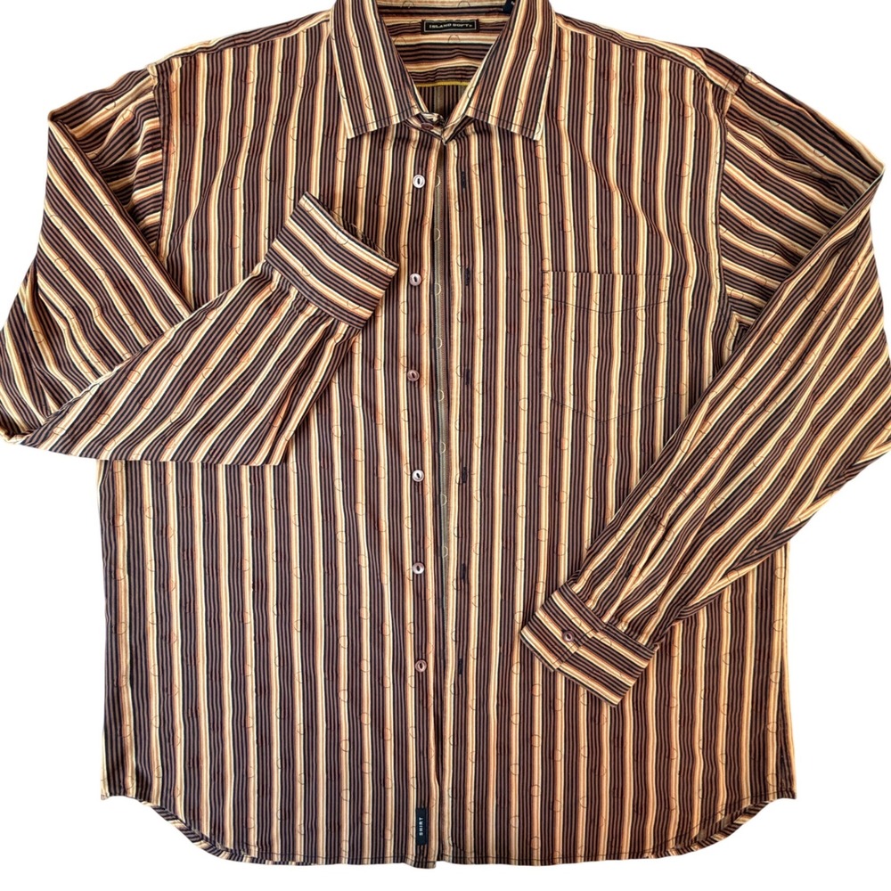 Island Soft Mens XXL Brown Striped Cotton Silk Long Sleeve‎ Button Down Shirt